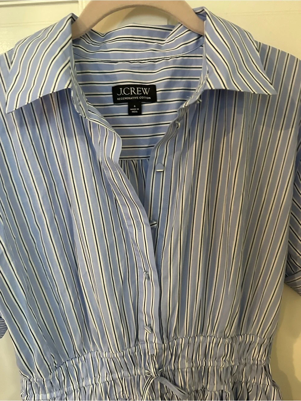 J. Crew Elena dress.  Light Blue Striped Maxi Shirtdress with Cinched Waist